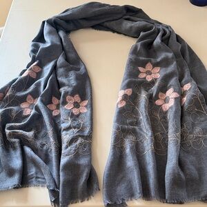 Elegant Denim Blue Floral Scarf